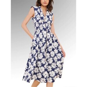 Anthropologie OB1660316 Navy White Floral Smocked Waist Zip Front Midi Dress S